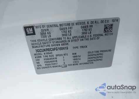 2015 Chevrolet Silverado 1500 2Lt from USA, damaged, VIN 3GCUKREC9FG168419